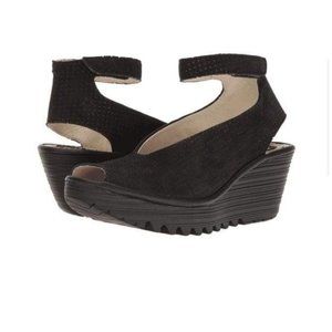 Fly London Womens Ayla perfect wedges black lagen look funky unique sz 7.5-8